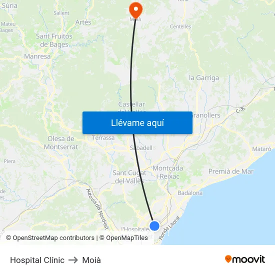 Hospital Clínic to Moià map