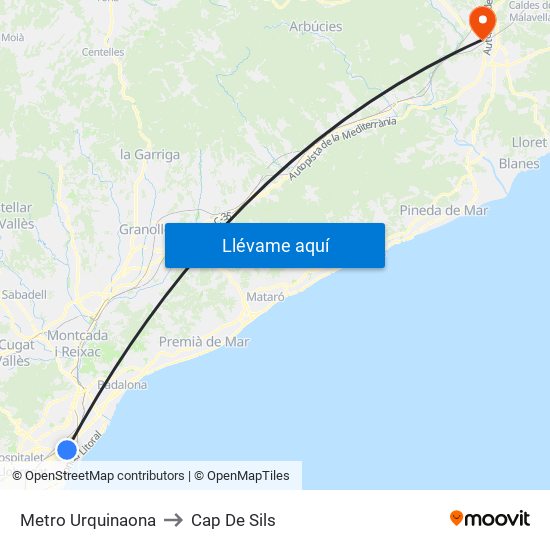 Metro Urquinaona to Cap De Sils map