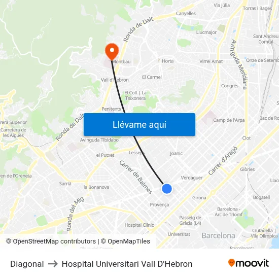 Diagonal to Hospital Universitari Vall D'Hebron map