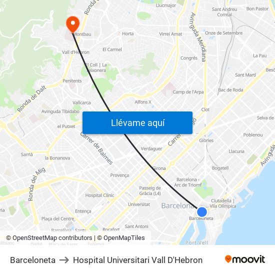 Barceloneta to Hospital Universitari Vall D'Hebron map