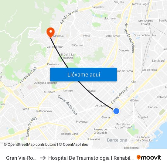 Gran Via-Roger De Flor to Hospital De Traumatologia I Rehabilitació De La Vall D'Hebron map