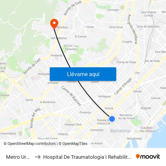 Metro Urquinaona to Hospital De Traumatologia I Rehabilitació De La Vall D'Hebron map