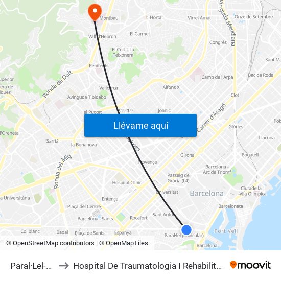 Paral·Lel-Cabanes to Hospital De Traumatologia I Rehabilitació De La Vall D'Hebron map