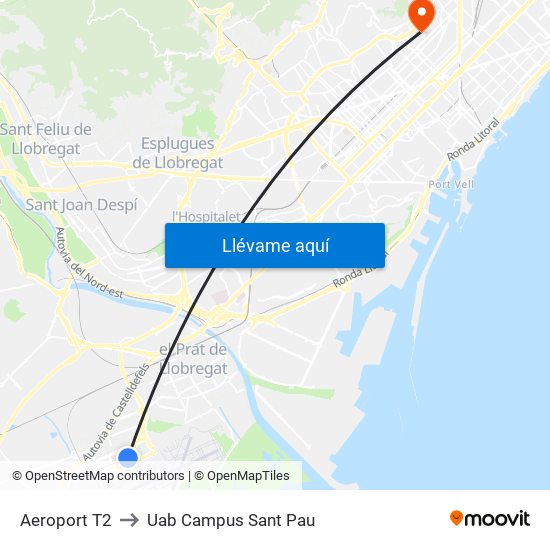 Aeroport T2 to Uab Campus Sant Pau map