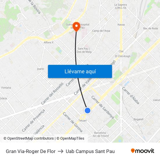 Gran Via-Roger De Flor to Uab Campus Sant Pau map