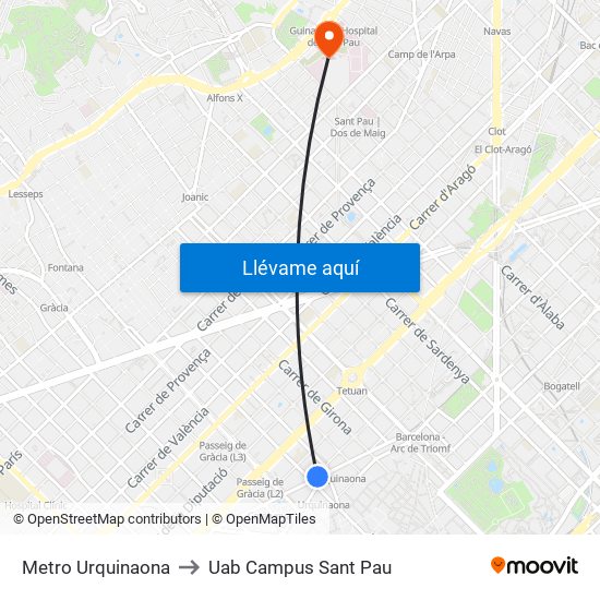 Metro Urquinaona to Uab Campus Sant Pau map