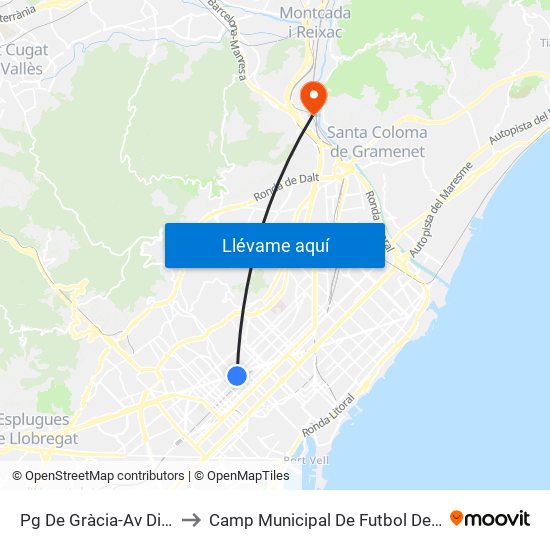 Pg De Gràcia-Av Diagonal to Camp Municipal De Futbol De Vallbona map