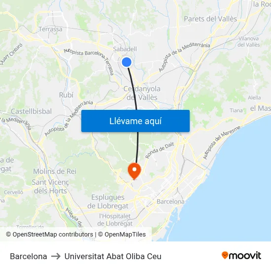 Barcelona to Universitat Abat Oliba Ceu map