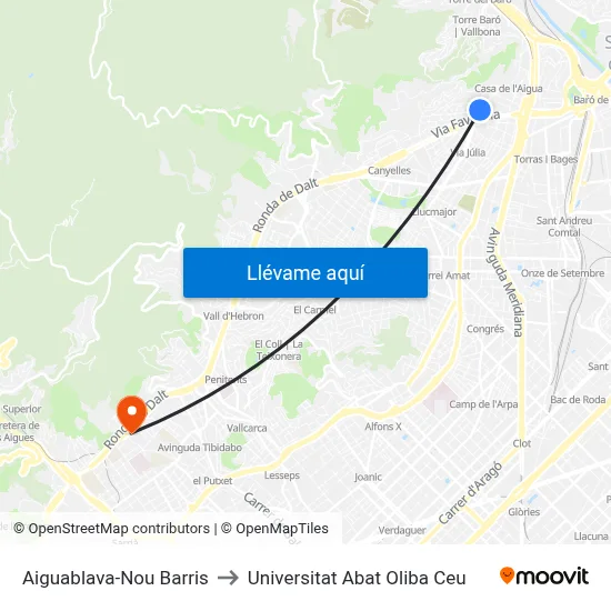 Aiguablava-Nou Barris to Universitat Abat Oliba Ceu map