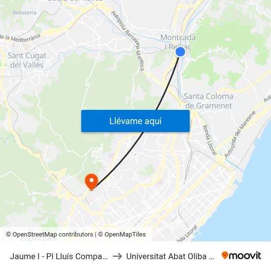 Jaume I - Pl Lluís Companys to Universitat Abat Oliba Ceu map