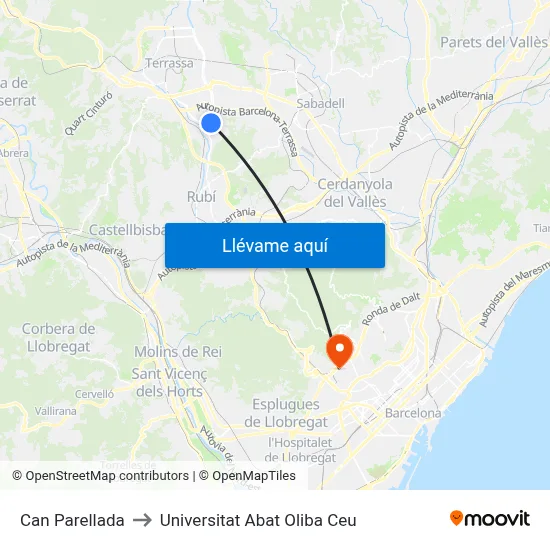Can Parellada to Universitat Abat Oliba Ceu map