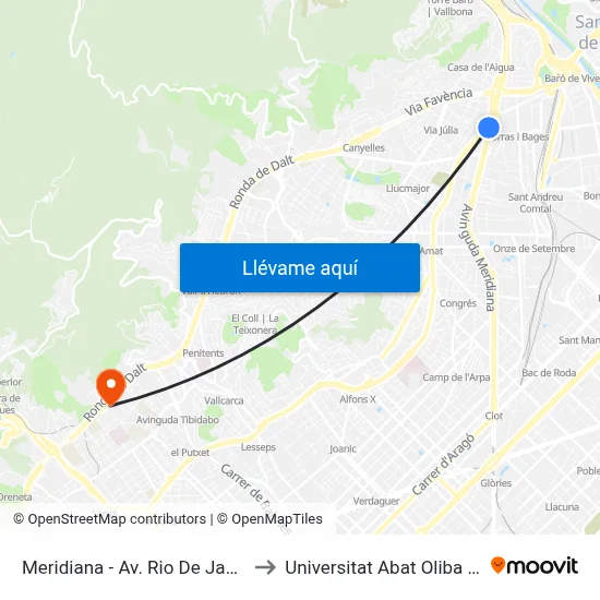 Meridiana - Av. Rio De Janeiro to Universitat Abat Oliba Ceu map