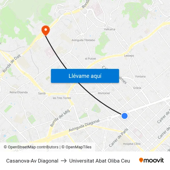 Casanova-Av Diagonal to Universitat Abat Oliba Ceu map