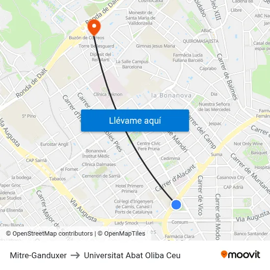 Mitre-Ganduxer to Universitat Abat Oliba Ceu map