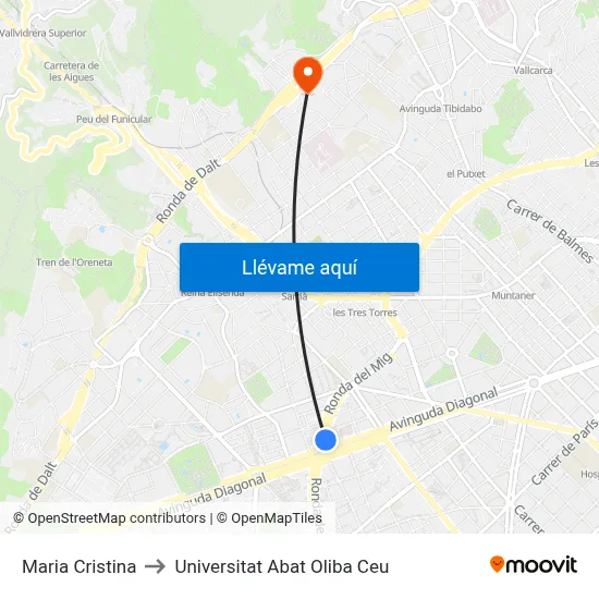 Maria Cristina to Universitat Abat Oliba Ceu map
