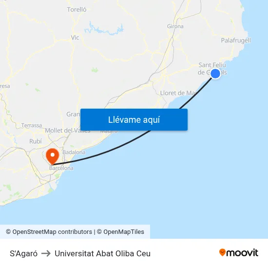 S'Agaró to Universitat Abat Oliba Ceu map