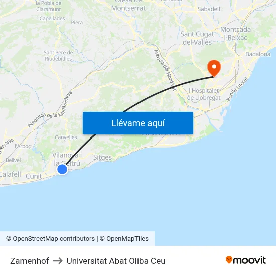 Zamenhof to Universitat Abat Oliba Ceu map