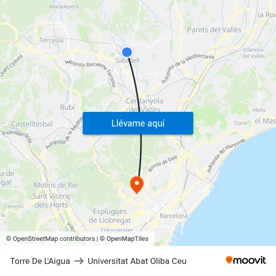 Torre De L'Aigua to Universitat Abat Oliba Ceu map
