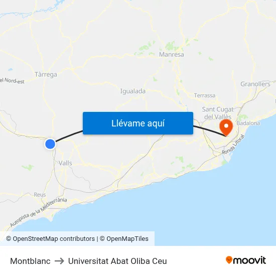 Montblanc to Universitat Abat Oliba Ceu map