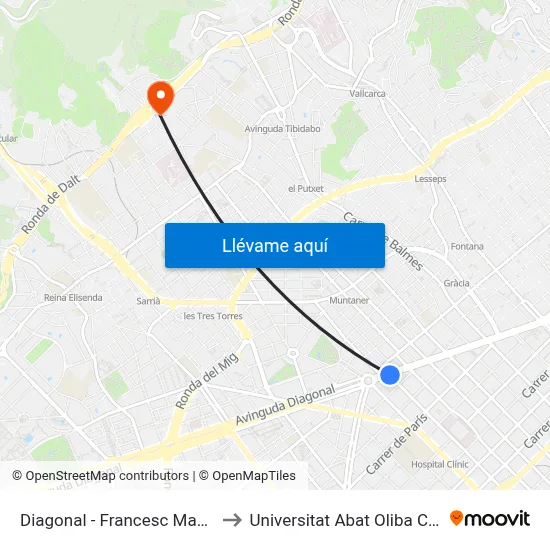 Diagonal - Francesc Macià to Universitat Abat Oliba Ceu map