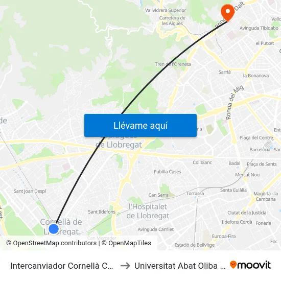 Intercanviador Cornellà Centre to Universitat Abat Oliba Ceu map