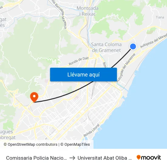 Comissaria Policia Nacional to Universitat Abat Oliba Ceu map