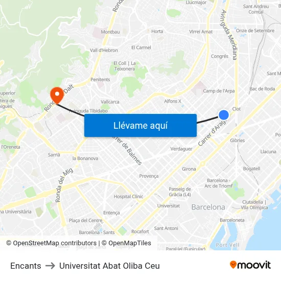 Encants to Universitat Abat Oliba Ceu map