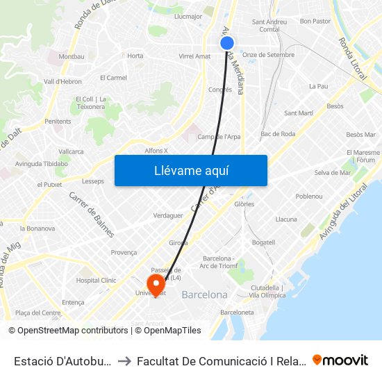 Estació D'Autobusos De Fabra I Puig to Facultat De Comunicació I Relacions Internacionals Blanquerna map