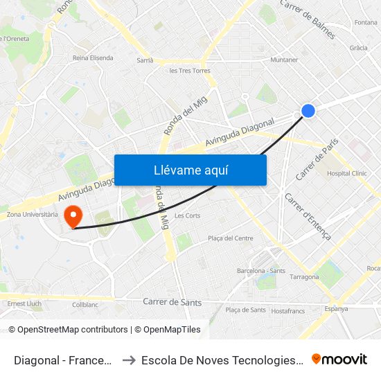 Diagonal - Francesc Macià to Escola De Noves Tecnologies Interactives map