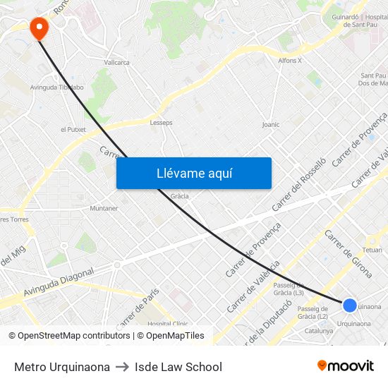 Metro Urquinaona to Isde Law School map