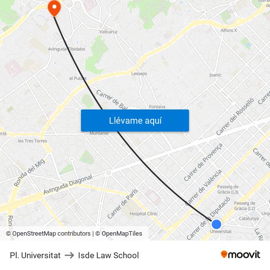 Pl. Universitat to Isde Law School map