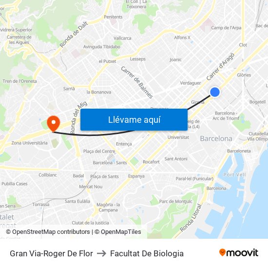 Gran Via-Roger De Flor to Facultat De Biologia map