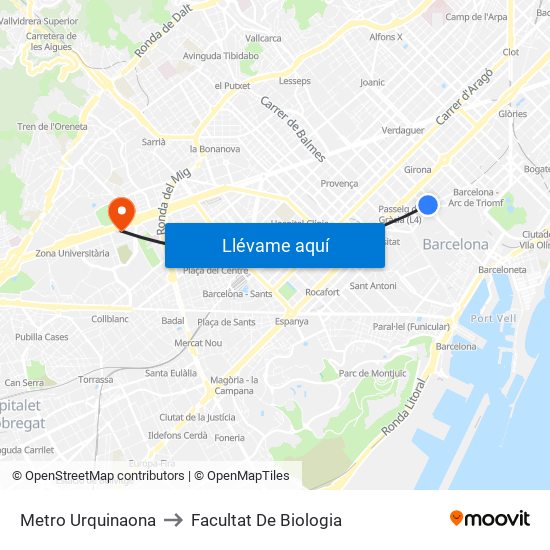 Metro Urquinaona to Facultat De Biologia map