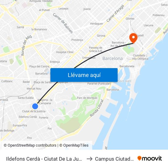 Ildefons Cerdà - Ciutat De La Justícia to Campus Ciutadella map