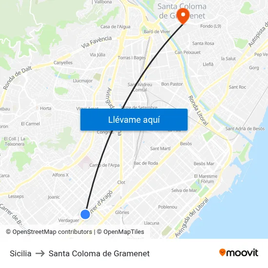Sicilia to Santa Coloma de Gramenet map