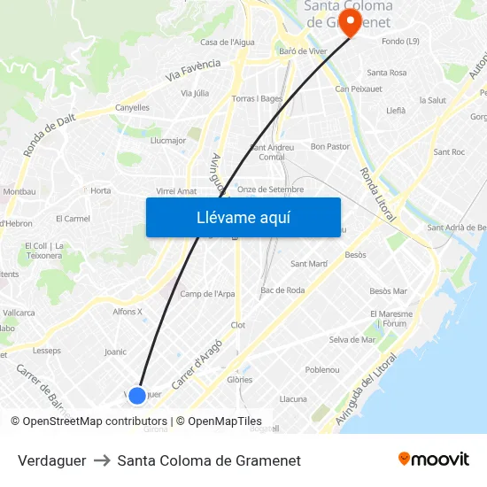 Verdaguer to Santa Coloma de Gramenet map