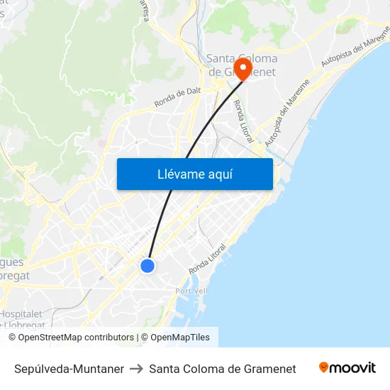 Sepúlveda-Muntaner to Santa Coloma de Gramenet map