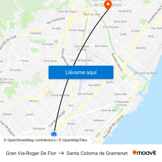 Gran Via-Roger De Flor to Santa Coloma de Gramenet map