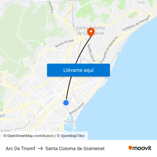 Arc De Triomf to Santa Coloma de Gramenet map