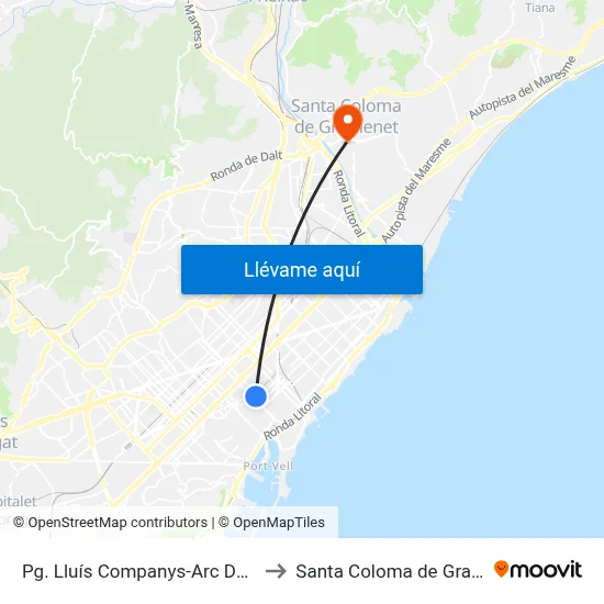 Pg. Lluís Companys-Arc De Triomf to Santa Coloma de Gramenet map