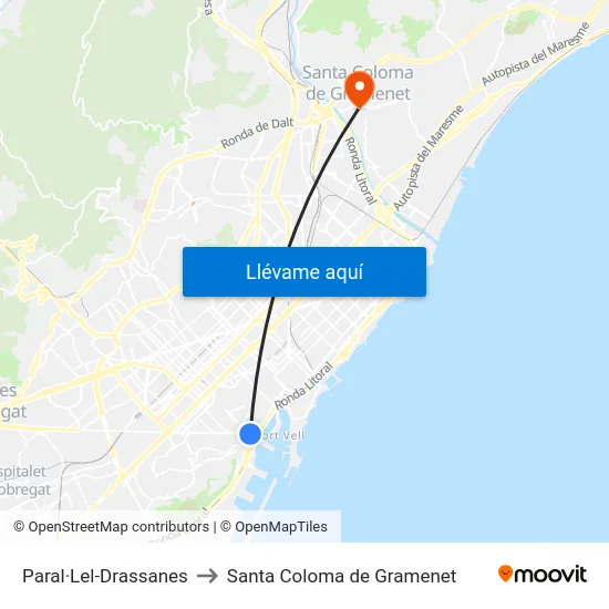 Paral·Lel-Drassanes to Santa Coloma de Gramenet map