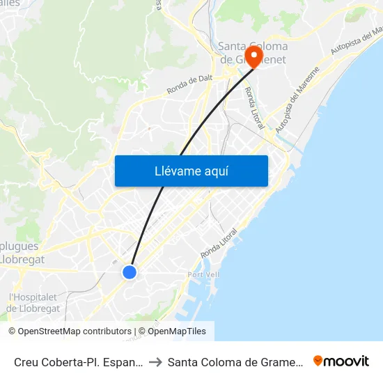 Creu Coberta-Pl. Espanya to Santa Coloma de Gramenet map