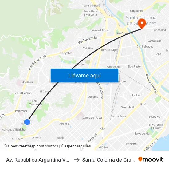 Av. República Argentina-Vallcarca to Santa Coloma de Gramenet map
