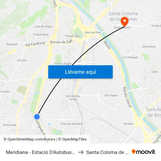 Meridiana - Estació D'Autobusos Fabra I Puig to Santa Coloma de Gramenet map