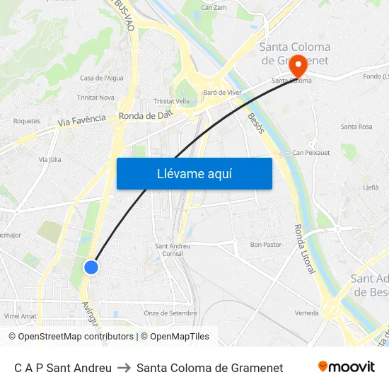 C A P Sant Andreu to Santa Coloma de Gramenet map