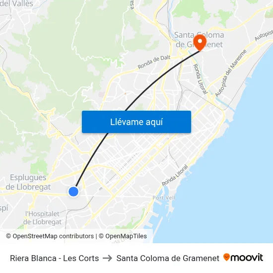 Riera Blanca - Les Corts to Santa Coloma de Gramenet map