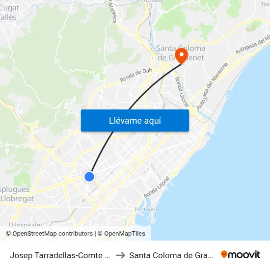 Josep Tarradellas-Comte Borrell to Santa Coloma de Gramenet map