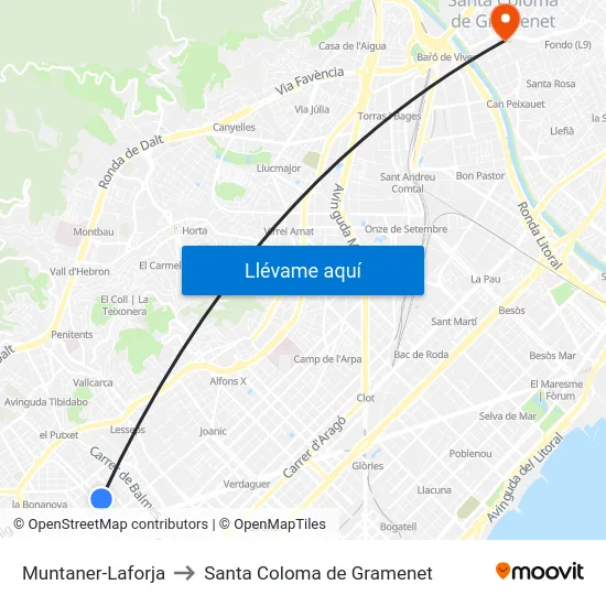 Muntaner-Laforja to Santa Coloma de Gramenet map