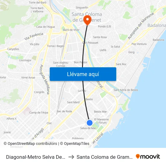 Diagonal-Metro Selva De Mar to Santa Coloma de Gramenet map