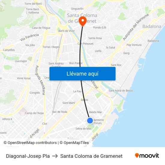 Diagonal-Josep Pla to Santa Coloma de Gramenet map